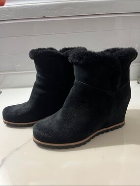 UGG Black Suede Wedge Ankle Boots with Fur Collar